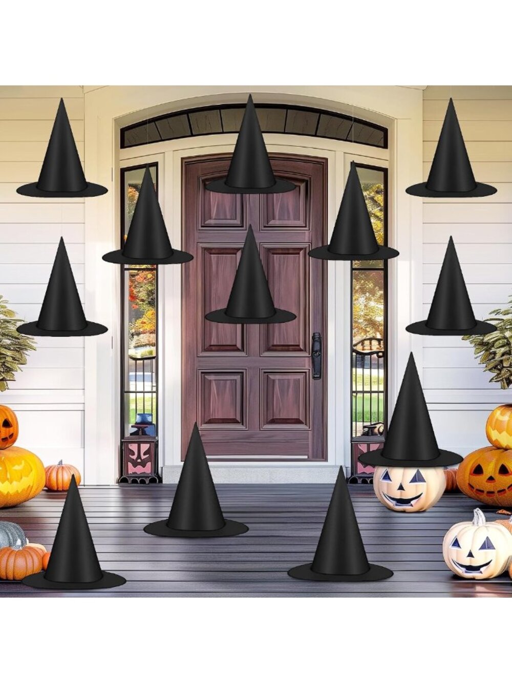 12 PCS Black Witch Hats for Halloween Decor | Hanging Porch & Yard Decorations